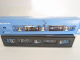a blue box with a train on top of it