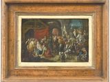 une peinture à l'huile représentant un groupe de personnes dans une grange