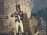 painting of a man in uniform holding a rifle in front of a building