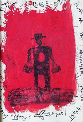 a picture of a man with a hat on a red background