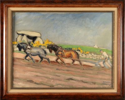 une peinture à l'huile représentant un homme labourant un champ avec deux chevaux