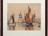painting of sailboats in a harbor with a lighthouse in the background