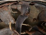 a close up of a helmet with a hole in it
