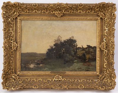 un tableau représentant un paysage avec des arbres dans un cadre doré