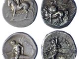 four ancient silver coins with a man on a horse and a man on a horse