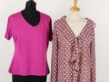 two women ' s shirts on a mannequin stand next to each other