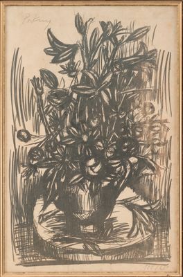 dessin représentant un vase rempli de fleurs posé sur une table