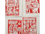 quatre cartes rouges et blanches ornées de motifs différents