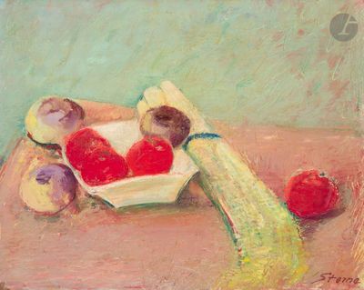 un tableau représentant un bol de fruits et de légumes posé sur une table