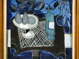 an image of a painting of a table with a vase and fruit on it