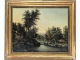 painting of a river scene with a boat in the foreground and a village in the background