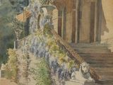 une aquarelle représentant un bâtiment avec un escalier et une statue