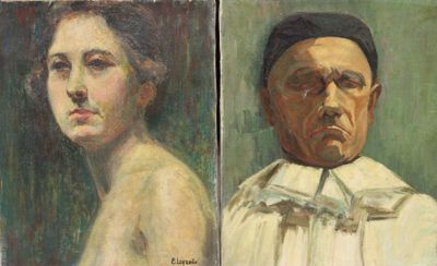 two paintings of a man and a woman are shown side by side