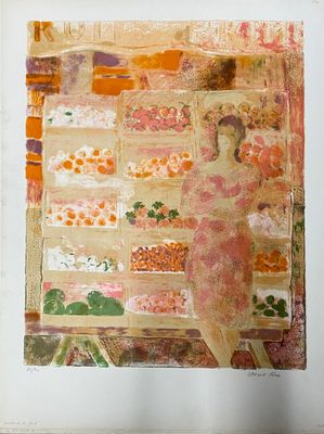 une image représentant un tableau où l'on voit une femme debout devant un étal de fruits