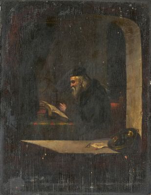 un tableau représentant un homme assis à une table en train de lire un livre