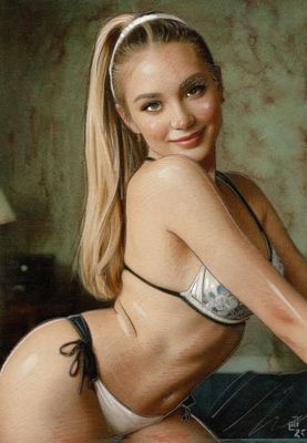 un tableau représentant une femme en bikini assise sur un lit