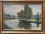 an oil painting of a river scene with trees in the foreground