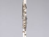 a silver and white clarinet on a clear stand