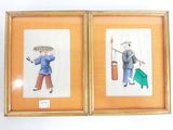 paire d'aquarelles chinoises représentant un homme et une femme portant un panier sur la tête