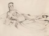 drawing of a woman laying on a bed with her legs crossed