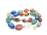 a close up of a multi colored necklace on a white background