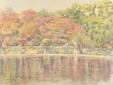 a watercolor painting of a park with a pond and trees