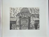 a black and white drawing of a chair in a room