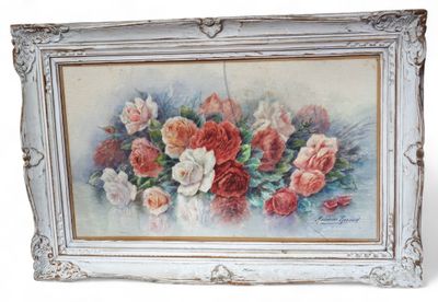 tableau représentant un bouquet de fleurs dans un cadre blanc sur fond blanc
