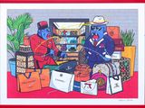 painting of two blue men sitting in front of a tv surrounded by shopping bags
