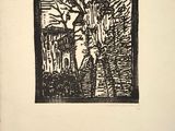 a black and white drawing of a castle with trees in the foreground
