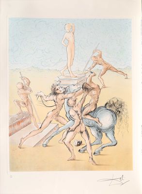 dessin représentant un groupe d'hommes nus sur une plage, avec un homme à cheval