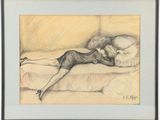 drawing of a woman laying on a couch with her legs crossed