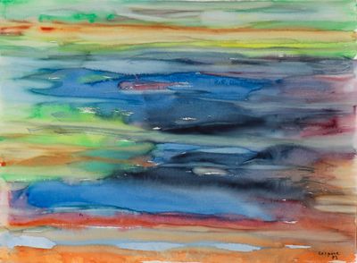 abstract watercolor painting of a blue, green, orange, and yellow landscape
