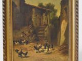 an oil painting of chickens and chickens in a rural village
