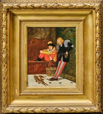 une peinture à l'huile représentant un homme et une femme avec un oiseau posé sur une table