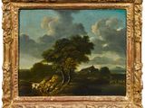 une peinture à l'huile représentant un paysage avec des vaches et des arbres au premier plan