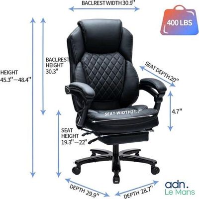 une image représentant une chaise de bureau noire avec les dimensions de la hauteur d'assise