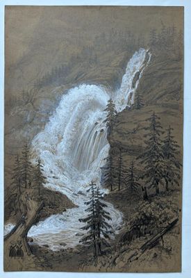 dessin représentant une cascade dans les montagnes, avec des pins au premier plan