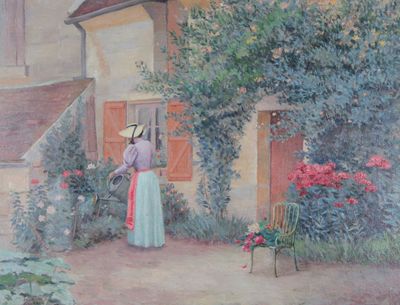 un tableau représentant une femme debout devant une maison