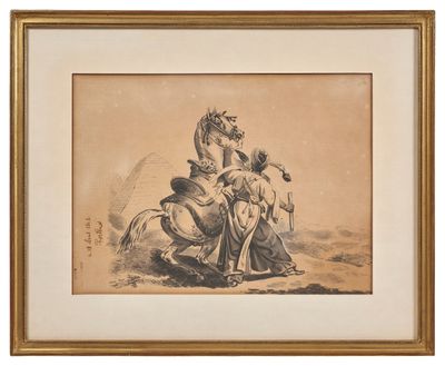 a drawing of a man riding a horse next to a woman on a horse