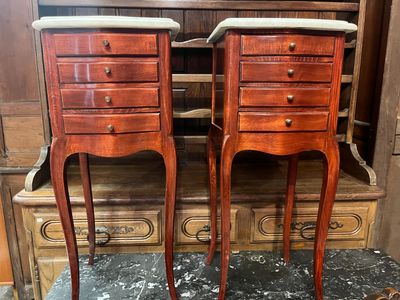 pair of antique french style bedside tables with marble top
