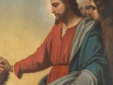 painting of jesus handing money to a man in a field