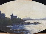 une image représentant un tableau d'un château posé sur une table en bois