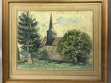 an oil painting of a church and trees in a field