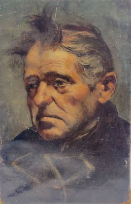an old painting of a man with grey hair and a black jacket
