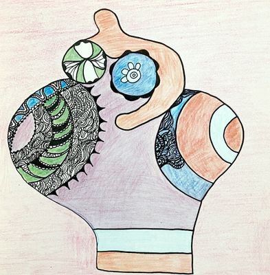 dessin représentant un homme tenant un poisson dans une main et un autre poisson dans l'autre main