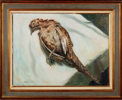 peinture représentant un faisan sur une toile blanche, encadrée d'un cadre marron