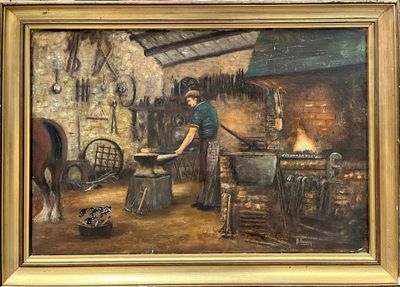 a painting of a man working in a blacksmith ' s shop