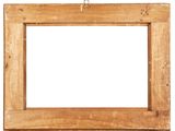 an old wooden picture frame hanging on a wall on a white background