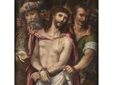 a painting of jesus on the cross with other men